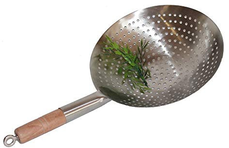 Asia-Art-Factory - Woksieb Wok Seiher Edelstahl mit Öse zum Aufhängen Größe L 52 cm, Ø Kelle 30 cm, Nr. 030