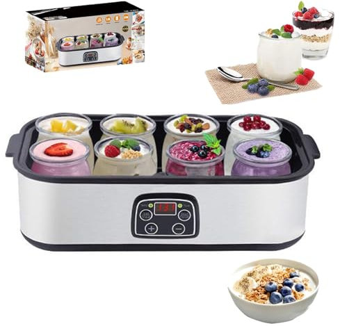 Yaourtière électrique 25 W, yaourtière, avec 8 Pots en Verre réutilisables, minuterie numérique et contrôle de la température et du Temps réglables, Haute capacité de 1 400 ML pour Yaourt