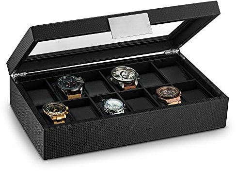 Glenor Co Uhrenbox für Herren, 12 Fächer, luxuriöses Karbonfaser-Design, großer Halter, Metallschnalle, Schwarz