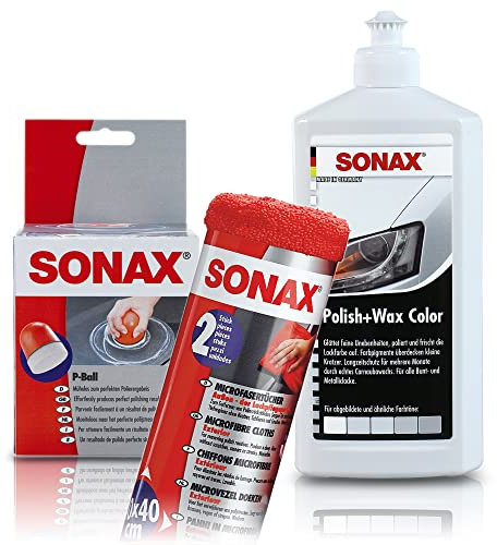 1x 500ml SONAX POLISH & WAX COLOR WEISS+ P-BALL+ 2x MICROFASERTÜCHER SET