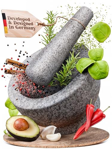 ChefSofi Mortar and Pestle Set - Unpolished Heavy Granite for Enhanced Performance and Organic Appearance - Included: Anti-Scratch Protector + Italian Recipes EBook - 6 Inch, 2 Cup-Capacity