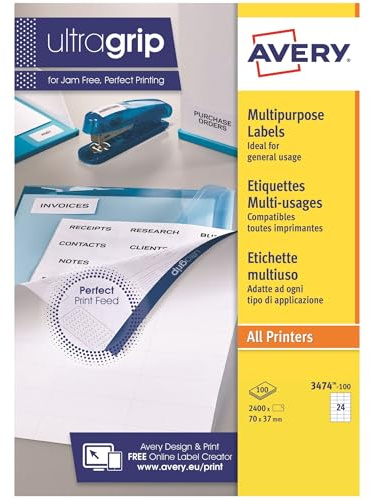 AVERY Boite de 2400 étiquettes blanches multi usages 70x37mm ? pour laser. jet d'encre et copieur