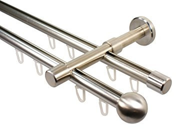 iso-design Edelstahl Optik Innenlauf Gardinenstange 2-läufig 16 mm mit Endstück Kugel, 200 cm