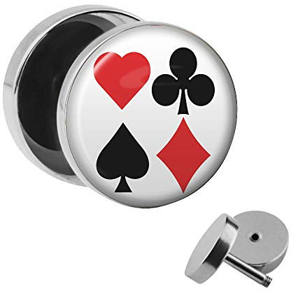 Treuheld | Ohrstecker zum Schrauben - Poker Ass - Pik, Karo, Herz, Blatt - Motiv Fake-Plug Ø 10mm Silber - Edel-Stahl Ohr-Ringe - Chirurgen-Stahl 316L Fake-Tunnel - Gewinde Ohr-Stecker
