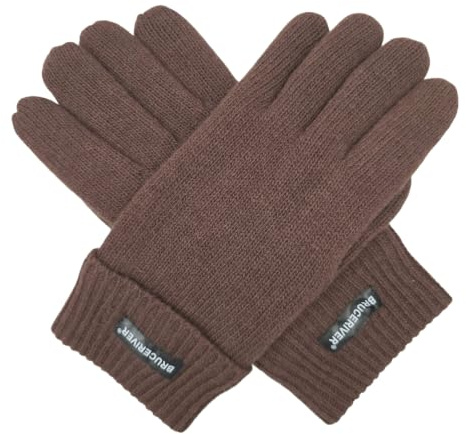 BRUCERIVER Herren Rein Wolle Strick Handschuhe mit Fleece Futter Größe S/M (Braun)