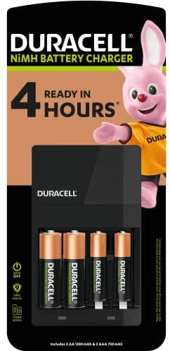 DURACELL Hi-Speed Battery Charger, 4 hours, Compatible with AA and AAA NiMh Batteries, 2x AA 1300mAh and 2x AAA 750 mAh, Rechargeable Batteries Included