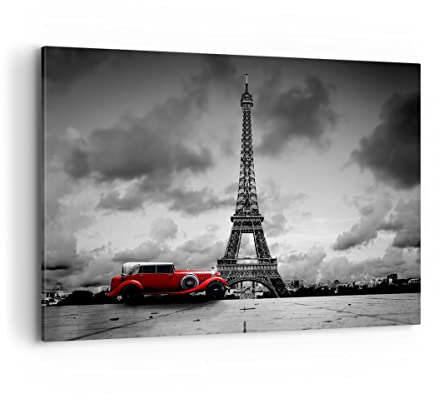 Wandbilder Dekoration Wohnzimmer Auto Eiffle Paris Stadt Bilder auf Leinwand 120x80cm Leinwandbild Schlafzimmer Küche Deko Wand Kunstdruck Art Groß XXL Wanddeko Bild Wall Decor Canvas AA120x80-2828