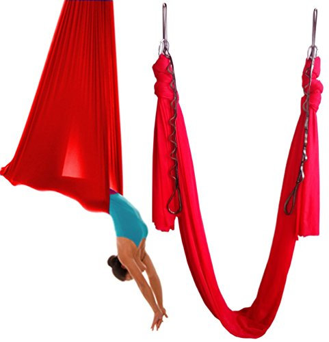 WELLSEM®5.5 Yards(5m/set) Elastic Pilates Yoga Swing Aerial Yoga Hammock with Carabiner&daisy Chain (Red)