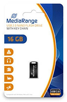 MediaRange USB Nano-Speicherstick 16GB - Mini Flash-Laufwerk mit USB 2.0 Anschluss, inkl. Schlüsselanhänger, Externe Speichererweiterung mit Lesegeschwindigkeit von bis zu 15 MB/s, Farbe Schwarz