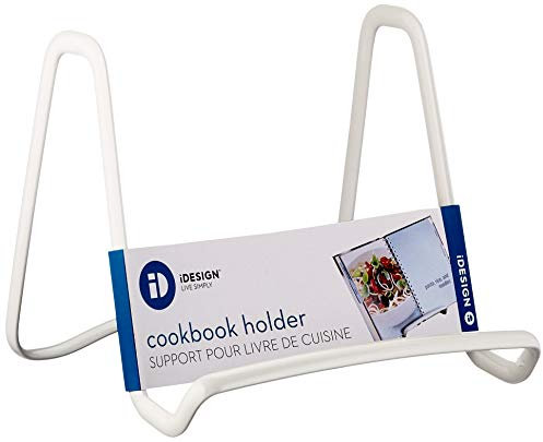 iDesign Atril para libros de cocina, pequeño soporte para platos, libros y fotos de metal, práctico mini caballete para sujetar libros de recetas, blanco
