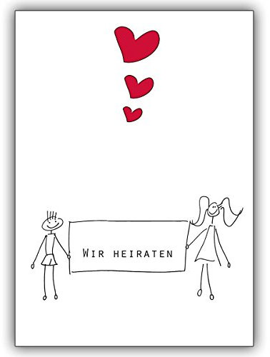 4 Einladungskarten Illustrierte Hochzeits Anzeigen/Einladungskarte mit Herzen: Wir heiraten • edle Klappkarten Set mit Umschlägen innen blanko