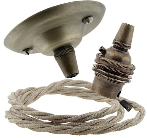 Repaireum Ltd. Vintage Styled Ceiling Pendant Kit incl. Antiqued Brass Finish Rose, B22 Bulb Holder and 3 Core Linen Effect Braided Twisted Flex