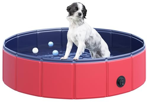 PawHut Foldable Dog Paddling Pool Pet Cat Swimming Pool Indoor/Outdoor Collapsible Summer Bathing Tub Shower Tub Puppy (80w × 20h cm, Red)