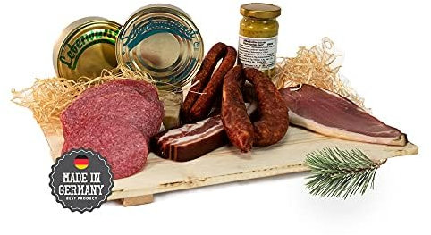 Schwarzwald Metzgerei Geschenkkorb – im Leinentäschle – 8-teiliger Präsentkorb mit leckeren & herzhaften Wurstspezialitäten wie Schinken, Landjäger, Kirschwassersalami, Schinkenwurst