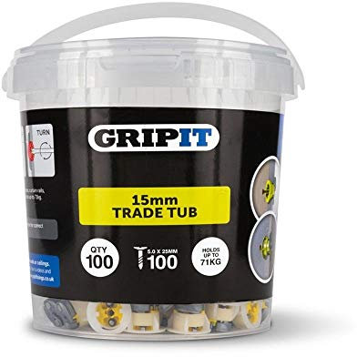 GripIt 152-25100 Yellow 15mm Plasterboard Fixings For Stud Walls - Max Load 71Kg (100 Pack)