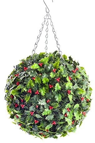 Best Artificial 28cm Holly Ball Christmas Topiary Xmas Hanging Basket
