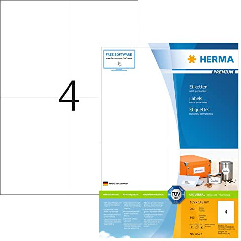 HERMA 4627 Versandetiketten, 200 Blatt, 105 x 148 mm, 4 pro A4 Bogen, 800 Stück, selbstklebend, bedruckbar, matt, blanko Papier Adressetiketten Aufkleber, weiß