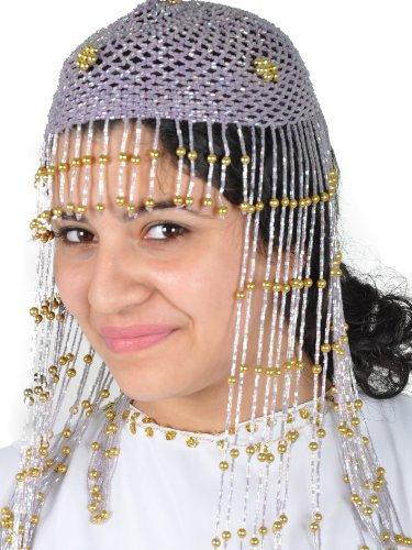 Orientalische Häkelkappe mit eingefädelten Glasperlen Kopfschmuck Bauchtanz Fasching Ägypten Haarschmuck Bauchtanz Kleopatra arabischer Schmuck Tanzmütze Perücke Kostümzubehör Themenparty Fasching Karneval in lila /gold