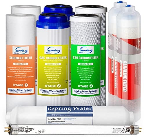 iSpring F10KU 1 Anno Cartuccia Filtro di Ricambio Set per Sistemi a Osmosi Inversa UV Minerali Alcalini a 7 Stadi, 10 Pezzi