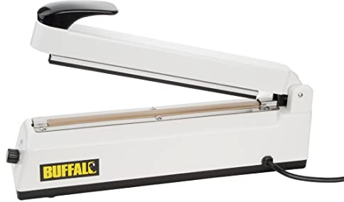 Buffalo Commercial Vacuum Sealer Machine 300mm, 235x430x85mm | Adjustable seal time accommodates various bag thicknesses, housed in a durable metal casing with a heavyweight stable base.