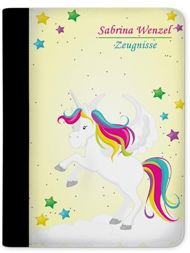 CreaDesign, Kinder Zeugnismappe personalisiert mit Namen, Zeugnis Mappe Einhorn Gelb, DIN A4, 26,7 x 32,7 x 1 cm, Rücken schwarz