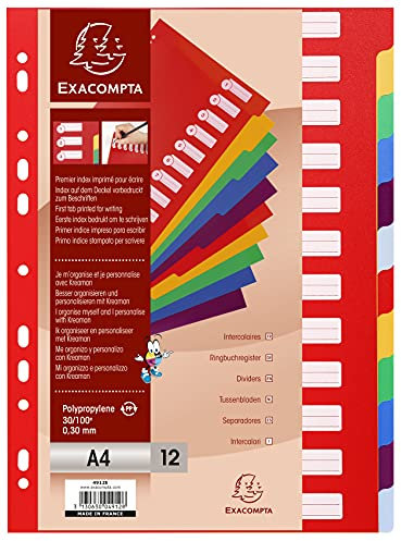 Exacompta 4912E Premium-Register für DIN A4 aus langlebigem Kunststoff 12-teilig volle Höhe 21 x 29,7 cm blickdicht 2 x 6 Farben mit Organisationsdruck auf der ersten Seite Trennblätter