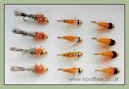 Troutflies UK Goldhead Nymphs Gold Head Nymphe Fishing Fliegen, 12 Stück, orange, DREI Sorten, gemischt 10/12/14
