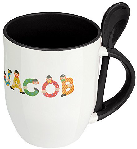 Namenstasse Jacob - Löffel-Tasse mit Namens-Motiv Holzbuchstaben - Becher, Kaffeetasse, Kaffeebecher, Mug - Schwarz