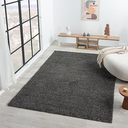 VIMODA Prime Shaggy Hochflor Langflor Teppich Einfarbig Modern Anthrazit Dunkelgrau, Maße:120x170 cm