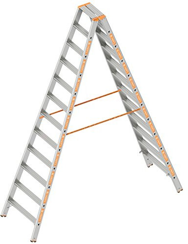 Layher 1043012 Stufenstehleiter Topic, Aluminiumleiter 2x12 Stufen 80 mm Breit, beidseitig begehbar, klappbar, Länge 3.00 m