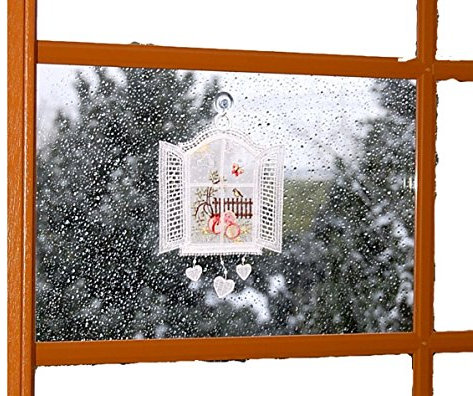 Bezauberndes Fensterbild Spitze Voile Ostern Ostereier am Fenster farbig gestickt 23x16 cm + Saugnapf/Made in Germany (Rot)