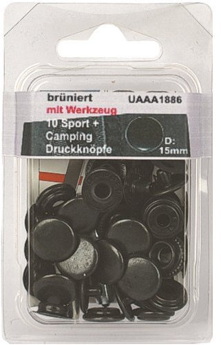10 Druckknöpfe Sport & Camping brüniert 15 mm Metall rostfrei mit Werkz.& Anleit. im SB Blister, sl, 1886