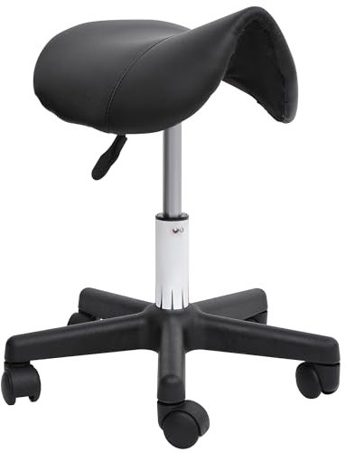 HOMCOM Tabouret à roulettes, Tabouret de Massage avec Hauteur réglable 43-55 cm et Selle Ergonomique, Chaise de Travail à roulettes pivotant 360°, pour Salon de Massage, Tatouage, Clinique, Spa, Noir