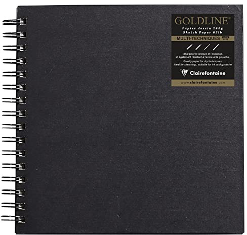 Clairefontaine – Ref. 34238C – Goldline Drahtgebundener Block (64 weiße Blätter) – Größe 20 x 20 cm, 140 g/m² Papier, quadratisches Layout – schwarzer Einband – geeignet für Trockentechniken