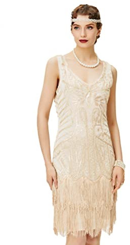 BABEYOND Damen Retro 1920er Stil Flapper Kleider mit Zwei Schichten Troddel V Ausschnitt Great Gatsby Motto Party Kostüm Kleider- Gr. M (Fits 78-88 cm Waist & 96-106 cm Hips), Beige