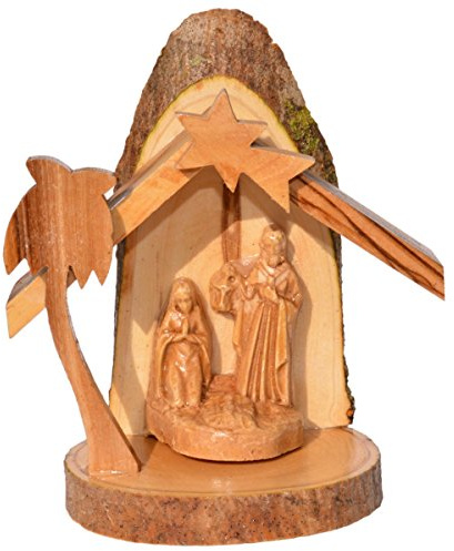 Junker Kirchenbedarf Olivenholz Krippe - Holz Weihnachtskrippe aus Olivenholz mit Baumrinde, 10cm - handgeschnitzt in Bethlehem
