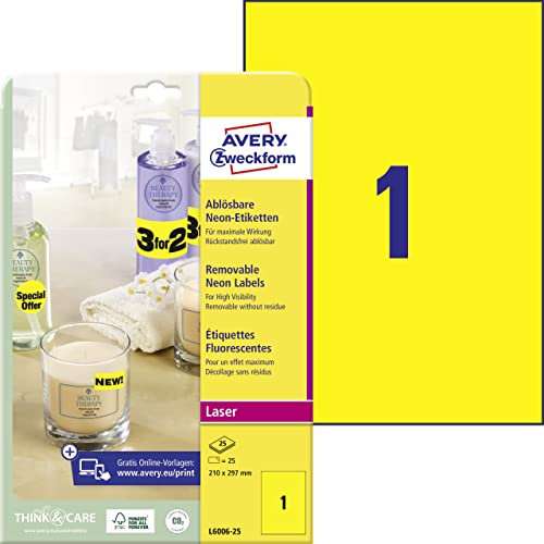AVERY Zweckform L6006-25 leuchtend neon-gelbe Etiketten (25 Aufkleber, 210x297mm auf A4, selbstklebend, bedruckbar, ablösbar, farbige Klebeetiketten zum auffälligen Kennzeichnen) 25 Blatt
