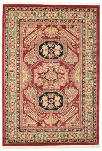 RugVista Kazak Mirvan Teppich, 140 x 200 cm, Rot/Beige | Orientalische, Rechteckig, Niedriger Stapel, Nur chemische Reinigung, Oeko-Tex 100, Wohnzimmer, Esszimmer, Schlafzimmer