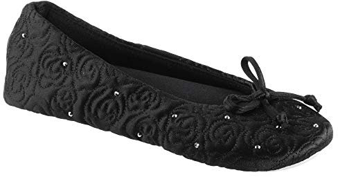 Isotoner Women's Rose Quilted Ballerina Slippers with Rhinestone Embellishment and Suede Sole Ballet Flat, Black, 4.5/5.5 UK