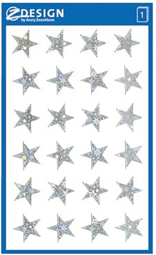 AVERY Zweckform 24 Aufkleber Weihnachten Sterne silber (Weihnachtssticker aus Effektfolie, selbstklebende Weihnachtsdeko für Karten, Geschenke, Tüten) 1 Bogen/24 Sternsticker, 52256