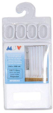 MSV, Rideau de Douche, en Polyester, Revêtement antibactérien, Anneaux Inclus, Lavable à 30°, Imperméable Tissu Lavable en Machine Rideau Salle de Bain, Blanc, 240 x 200 cm