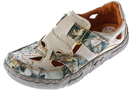 TMA Damen Comfort Leder Sandaletten 7008 Schuhe Weiss Zeitungsdruck Halbschuhe Sandalen Gr. 36