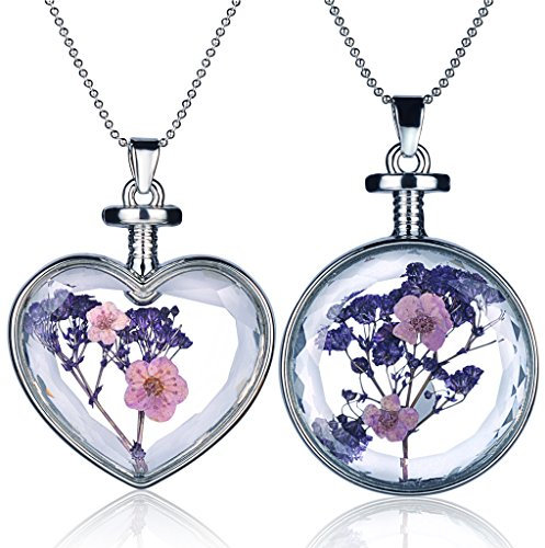 Yumilok Jewelry Pendentif Collier en Alliage et Verre la Forme du cœur et du Cercle avec Le spécimen de Fleur Lavande Violette Deux pièces pour Femme Fille