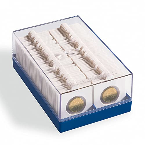 Leuchtturm 315511 KR Box Kunststoffbox für 100 Münzrähmchen - Blau, stapelbar mit Klarsichtdeckel, 170 x 110 x 65 mm