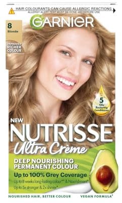 Garnier Nutrisse Permanent Hair Dye, Natural-looking, hair colour result, For All Hair Types, 8 Blonde