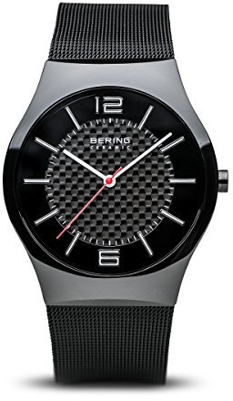 BERING 32039-449 Reloj de cuarzo para hombre con caja de cerámica negra de 39 mm y esfera negra, correa milanesa, cristal de zafiro y resistencia al agua de 3 ATM