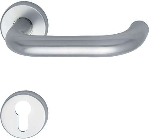 GRUNDMANN 102814 Silber 1754/D6K Drückergarnitur Geos auf Rosette PZ für Feuerschutztüren ÖNORM Türbeschlag VK 9, Aluminium eloxiert