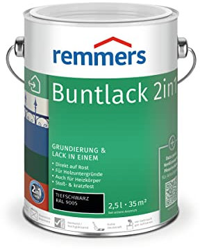 Remmers Buntlack 2in1 tiefschwarz (RAL 9005), 2,5 Liter, Buntlack für Holz, Eisen, Stahl, inkl. Grundierung und Rostschutz, innen und außen
