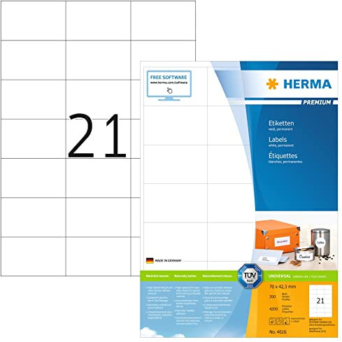HERMA 4616 Adressetiketten, 1600 Blatt, 70 x 42,3 mm, 21 pro A4 Bogen, 33600 Stück, selbstklebend, bedruckbar, matt, blanko Papier Adressaufkleber Etiketten, weiß