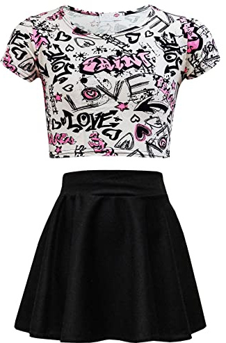 A2Z 4 Kids Kinder Mädchen Love Comic Graffiti Aufdruck Legging Skater MIDI Kleid Crop TOP Rock Neu Alter 2 3 4 5 6 7 8 9 10 11 12 13 Jahre